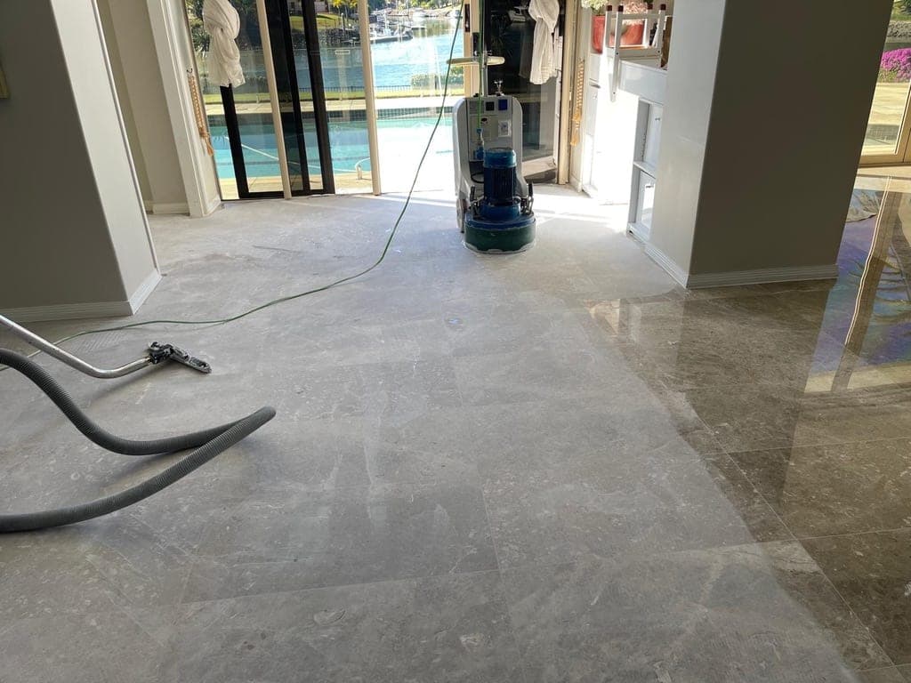 Marble floor gaining clarity through the second grinding stage
